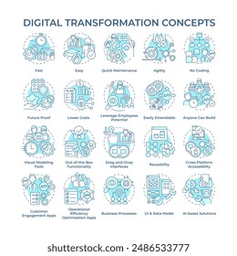 Iconos de concepto de transformación digital azul suave. Implementación de tecnologías digitales. Proceso de negocio. Estrategias. Paquete de iconos. Imágenes vectoriales. Ilustraciones de forma redonda. idea Abstractas