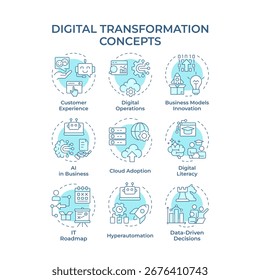 Digital transformation soft blue concept icons. Business innovation, cloud technology. Icon pack. Vector images. Round shape illustrations for infographic, presentation. Abstract idea