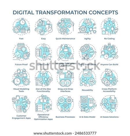 Digital transformation soft blue concept icons. Implementation of digital technologies. Business process. Strategies. Icon pack. Vector images. Round shape illustrations. Abstract idea