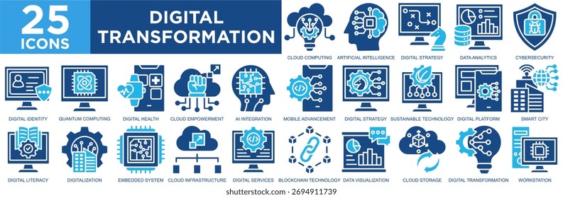 transformação digital, software, artificial, big data, virtual, conjunto de ícones de estratégia. Coleção de ícones de tópicos. Ilustração de vetor simples