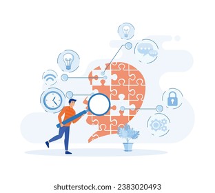 Digital transformation and technological revolution concept, businessman use magnifying search missing puzzle and surrounding with digital icon. flat vector modern illustration
