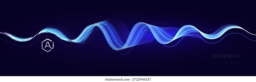 Tecnologia de transformação digital Plano de fundo de linha de onda futurista, Data Science Ai Abstract Blue Flow Tech Pattern, Sinal de som de áudio, Business Analytics Transform Process BG. Ilustração de vetor