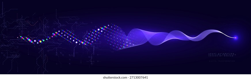 Fondo de línea de onda de semitono de Tecnología de transformación digital, Ciencia de datos Ai Abstractas patrón de tecnología de flujo azul, señal de sonido de audio, proceso de transformación de análisis de negocios BG. Ilustración vectorial