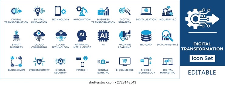 Conjunto de iconos de transformación digital y tecnología con automatización, computación en la nube, inteligencia artificial, análisis de big data, blockchain, fintech y símbolos de la industria 4.0.