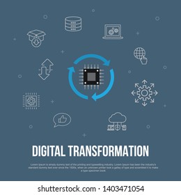 digital transformation trendy UI flat concept with simple line icons. Contains such elements as digital services, internet, cloud computing, technology and more