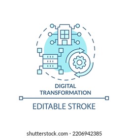 Digital transformation turquoise concept icon. IT modernization. Business trend abstract idea thin line illustration. Isolated outline drawing. Editable stroke. Arial, Myriad Pro-Bold fonts used