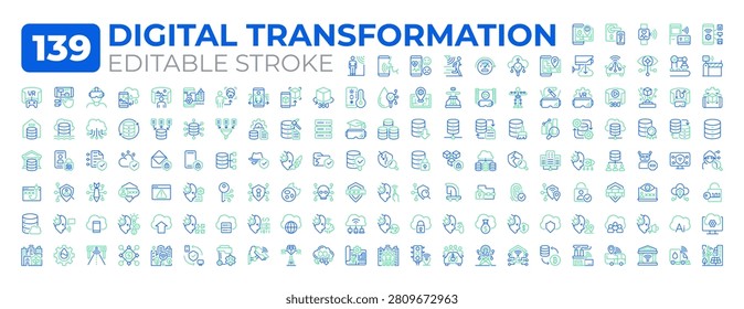 Digital transformation two color line icons set collection. Strategic integration of innovative technology integration bicolor outline mega pack isolated. Duotone thin lineart. Editable stroke