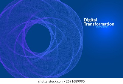 Digital transformation vector background with flowing particle lines forming a circular data pattern. Abstract technology concept representing innovation, data flow, and global digital network