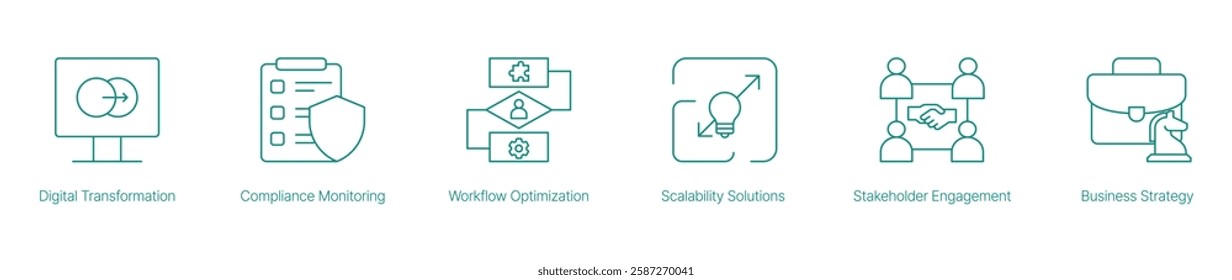 Digital Transformation Vector Icon Set for Compliance Monitoring Workflow Optimization Scalability Solutions Stakeholder Engagement and Business Strategy