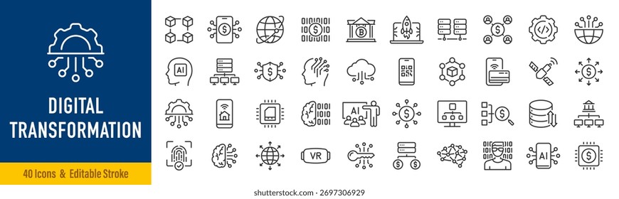 Ícones da Web de transformação digital em estilo de linha. Ia, inovação, tecnologia, internet, digitalização, software, automação. Traçado editável. Ilustração vetorial.	