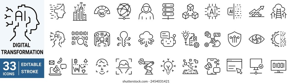 Digital transformation web icons. Digital technology icons such as cloud computing, artificial intelligence, mobile payment, coding, chip, vr glasses, innovation, network.