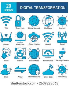Digital transformation web icons. Digital technology icons such as cloud computing, artificial intelligence, mobile, innovation, network
