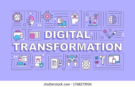 Digital transformation word concepts banner. Integration of artificial intelligence. Infographics with linear icons on purple background. Isolated typography. Vector outline RGB color illustration
