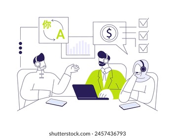 Digital translator abstract concept vector illustration. Group of diverse people talks and wears headsets, international business travel, negotiation process, language barrier abstract metaphor.