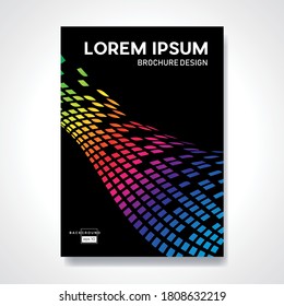 Transmisión digital de datos sobre fibra óptica, píxel arco iris sobre negro. Fondo vectorial e ilustración. Plantilla de diseño abstracto para folletos, volantes, revista, tarjeta de visita, portada de libro, afiche