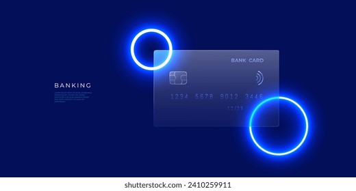 Digital transparent credit card with glass morphism effect and neon rings design elements. Plastic or glass bank card on technological blue background. Online banking concept. Vector illustration.