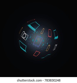 Digital transparent sphere. Around the sphere is a lot of electronics.