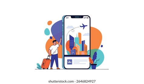Digital Travel App Interface Showcasing Cityscape and Airplane in Flight with Tourist and Luggage