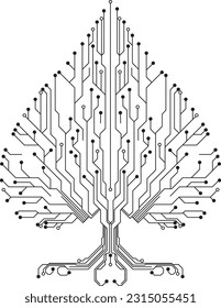 Digital tree with computer circuit board. Spades playing card symbol digitally vector illustration. Leaf of the cosmic tree.