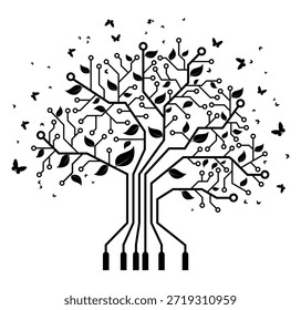 Digital tree with electronic circuit branches and organic leaves surrounded by flying butterflies. Black and white vector illustration combining technology and nature, symbolizing digital transformation and environmental harmony.