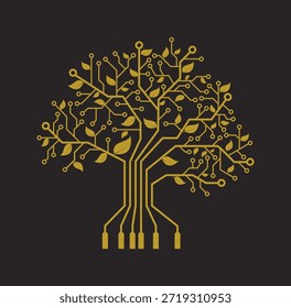 Ilustración de árbol digital que combina circuitos electrónicos con hojas orgánicas