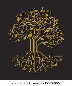 Ilustración de árbol digital que combina circuitos electrónicos con hojas orgánicas