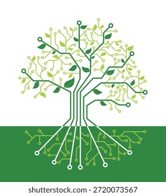 Digital tree illustration combining electronic circuits with organic leaves