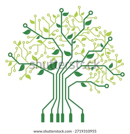 Digital tree illustration combining electronic circuits with organic leaves