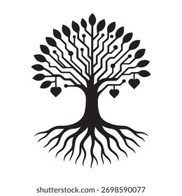 Digital tree of life with circuit board branches and heart shaped fruit