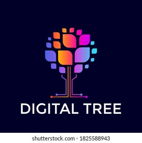 Digital Tree Logo, Colorful Tree Icon, Colored Leaf, Computer Data Base, Flat Logo Template, Minimal Style Emblem. Concept Logotype Design For Business, Web And Presentation. Vector Logo