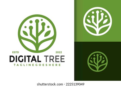 Diseño de logotipos de árbol digital, vectores de logotipos de identidad de marca, logotipo moderno, plantilla de ilustración de vectores de logotipos