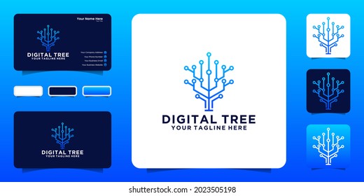 digital tree logo design inspiration with interconnected lines and business card inspiration