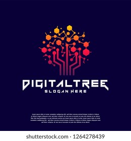 Digital Tree logo designs concept vector Dark background, Modern Tree tech logo template, Logo symbol icon
