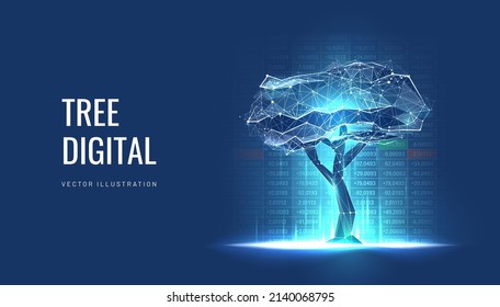 Digital tree on the background of a graph with numbers in a futuristic polygonal style. Concept of creating capital or investing or stock market. Vector illustration with light effects