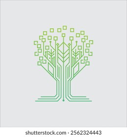 digital tree with pixelated leaves and a glowing trunk resembling a data stream logo design