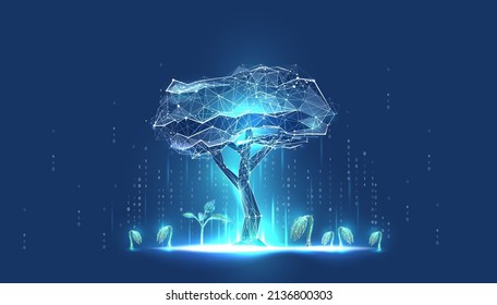 Digital tree with sprouts and binary code in glowing futuristic polygonal style. Poster for an educational program for children. Technology training for teenagers. Vector illustration