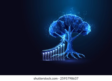 Digital tree with upward growth chart on blue. Sustainable investment, ESG finance, and long-term economic growth. Futuristic vector concept for ethical business, green economy, and financial success.