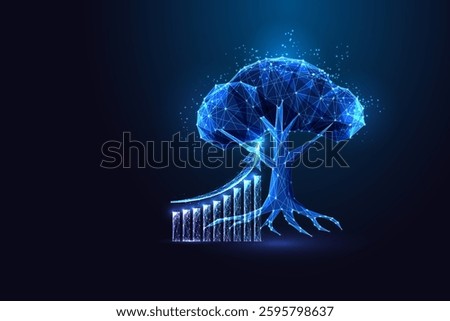 Digital tree with upward growth chart on blue. Sustainable investment, ESG finance, and long-term economic growth. Futuristic vector concept for ethical business, green economy, and financial success.