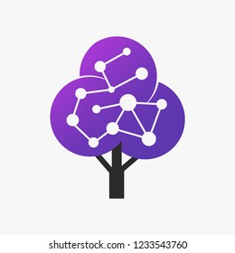 Digital tree vector logo. Abstract brain, technology, plant, neurobiology, education, network logotype template. Sapling icon