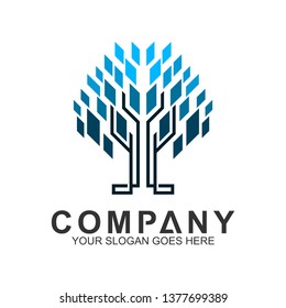 digital tree,vector logo of tree with pixel shape in blue color