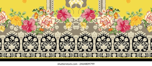 Digital Trending Texture Illustration and Flowers for Background Design Beautiful Textured Effects Floral Art Textile Print Stock Illustration for Fabric and Paper Prints