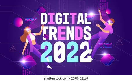 Digital trends 2022 with Metaverse or Virtual reality technology concept. Man and woman in digital glasses.