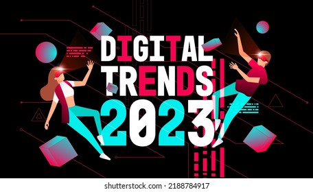 Digital trends 2023 with Metaverse or Virtual reality technology concept. Man and woman in digital glasses. - Shutterstock ID 2188784917