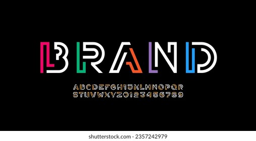 Digital trendy style alphabet, font from line, letters and numbers made in multi colored linear style, vector illustration 10EPS