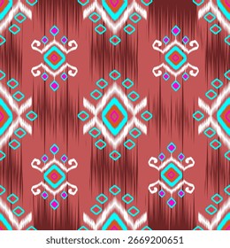 Digital Tribal Ikat Geometric Pattern in Red and Multicolor. Colorful digital tribal ikat pattern with geometric diamond shapes on a red background, perfect for textile, fabric.