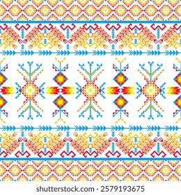 digital tribal pattern showcases intricate geometric shapes, including diamonds, arrows, and zigzags, in red, blue, yellow, and orange, forming a vibrant and symmetrical design. Vector ethnic navajo