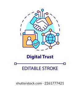 Digital trust concept icon. Data security. Information technology trend abstract idea thin line illustration. Isolated outline drawing. Editable stroke. Arial, Myriad Pro-Bold fonts used