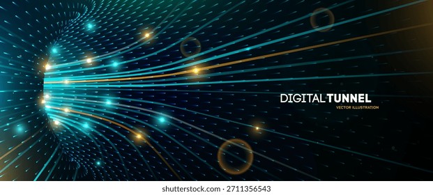 Túnel Digital Con Corrientes De Luz Brillante. Flujo de datos futuristas. Arroyo de luz de velocidad. Aprendizaje Automático. Procesamiento global de Internet. Ilustración vectorial.