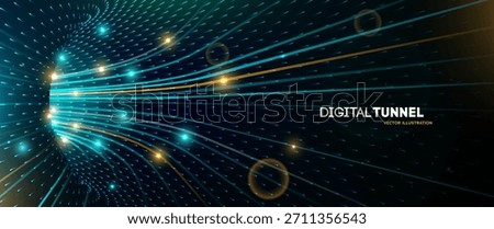 Digital Tunnel With Glowing Light Streams. Futuristic Data Flow. Speed Light Streem. Ai Machine Learning. Global internet processing. Vector Illustration.