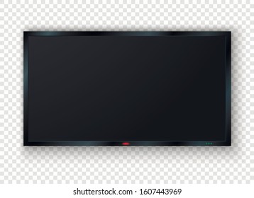 Digital TV, Modern Blank LCD Screen, Display, Panel. Wall Mounted Wide Plasma Black LED Tv Isolated On Blank  Background. Large Mock Up Computer Monitor. Stylish Vector Illustration EPS 10